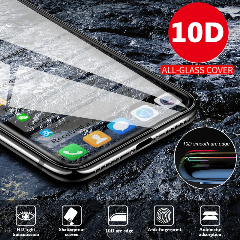 50 штук 10D полное покрытие из закаленного стекла для Apple iPhone 11 Pro XS Max XR X 8 Plus 7 6 6S SE 5 5S Защитная пленка для экрана