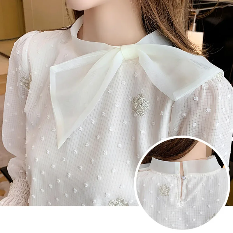 Блузка женская с длинным рукавом шифоновая рубашка цветочной вышивкой и бантом в