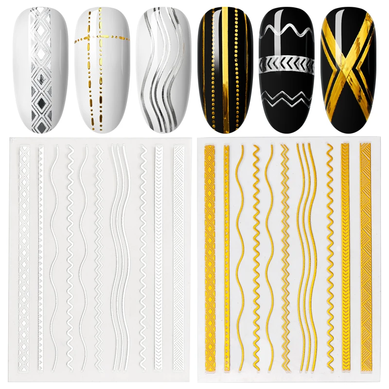 DIY кривые полосы линии фольги для ногтей стикер Золотой стикеры 3D на ногти Nail Art