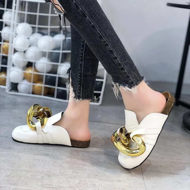 

LOOZYKIT Brand Design Women Slipper Fashion Big Gold Chain Sandals Shoes Round Toe Slip On Mules Flat Heel Casual Slides Flip