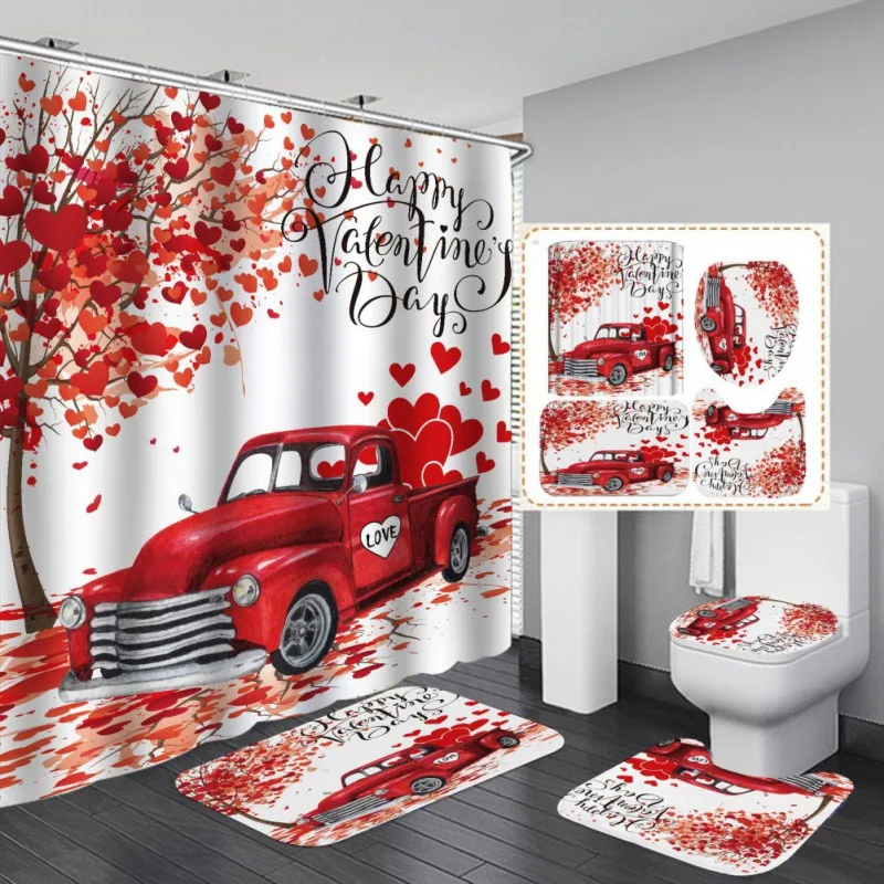 

4pcs Romantic Valentine's Day Shower Curtain with Non-slip Floor Mat Toilet Seat U-shaped Mat for Home Bathroom Hotel 3D Printed