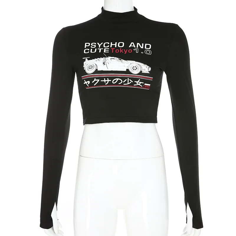 Женская футболка Goth черная облегающая с длинным рукавом и принтом в виде букв В