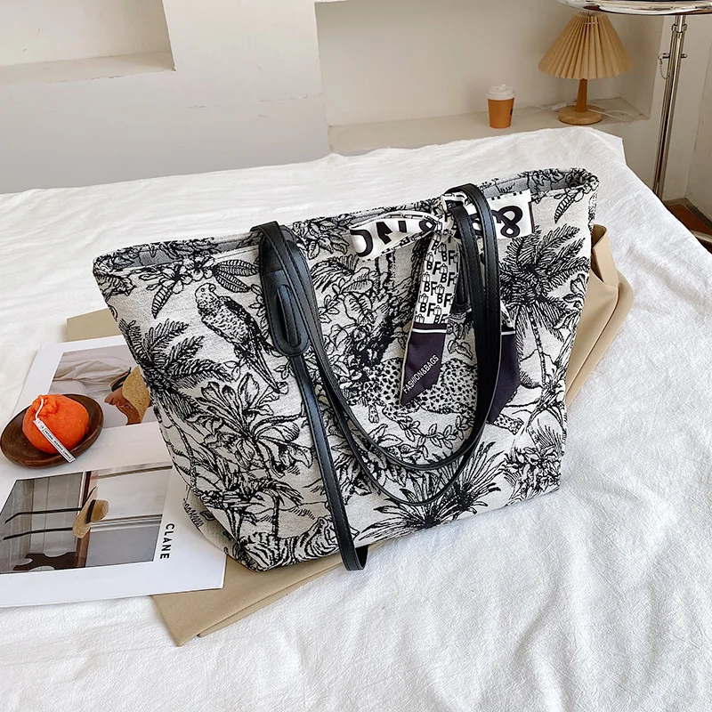

Embroidered Tote Bag Female 2021 New Summer Large Capacity Bag Fashion Canvas Tote Bag One Shoulder Big Bag Tide