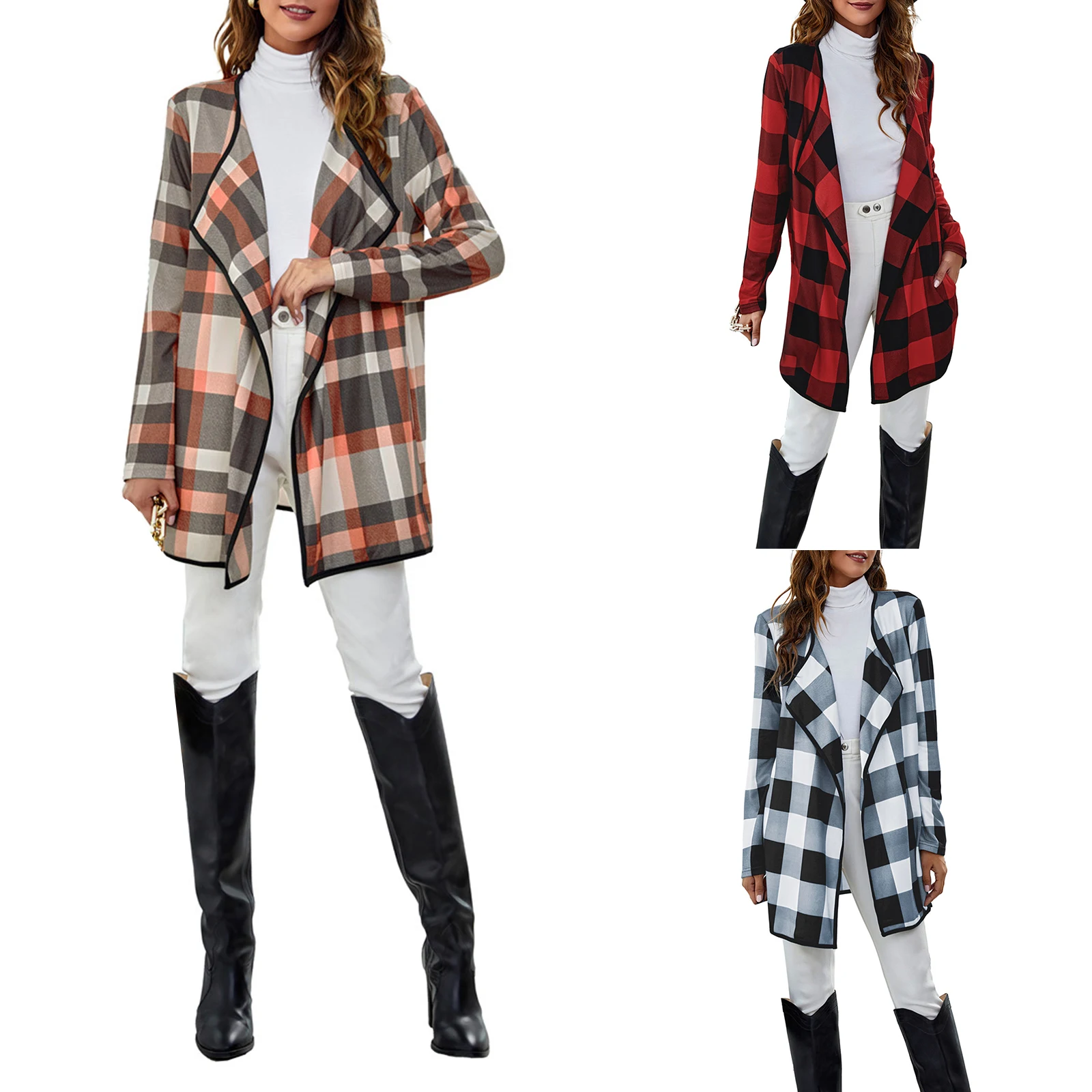 

Женское клетчатое пальто выше колена, элегантное клетчатое пальто с длинным рукавом и отложным воротником, женская одежда на весну и осень