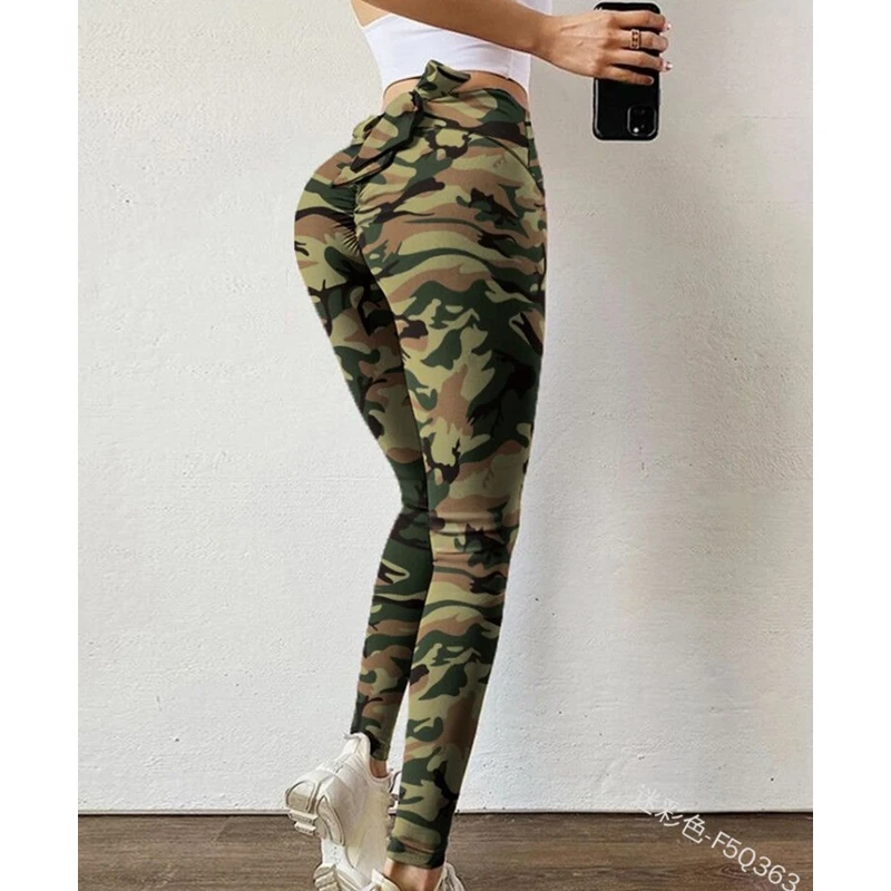 

WEPBEL Bow Hollow Out Long Pants Women's Casual Slim Fit Pants Summer High Waist Tie-Dye Camouflage Printed Pencil Pants