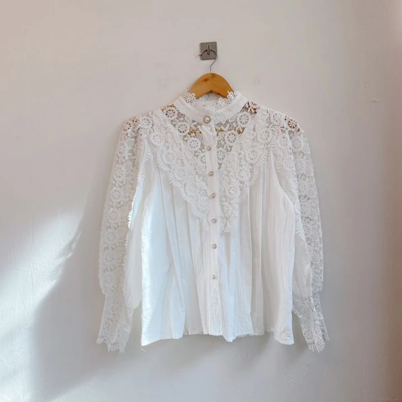 

Lace Hollow Out Patchwork Women's Shirt Long Lantern Sleeve Button Shirts Female 2021 New Solid Sweet Elegant Korean Ladies Tops