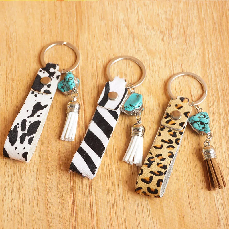 

Turquoise Stone Velvet Tassel Leopard Leather Handle Keychains Car Key Ring