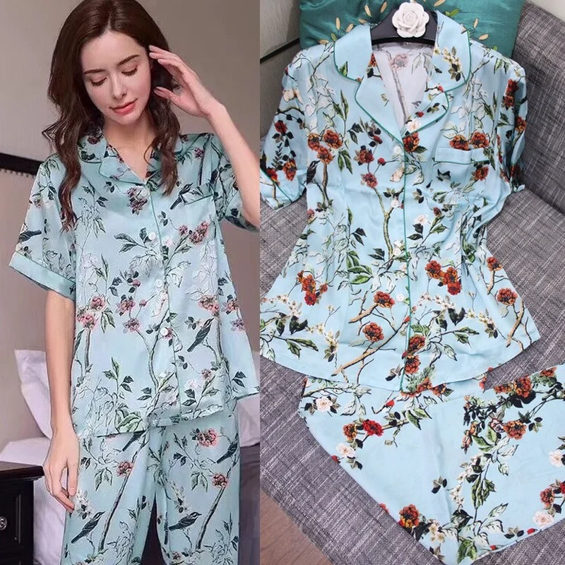 

100% Silk Pajamas Summer Short-sleeved Trousers Sleepwear Simple Printing Silkworm Silk Pyjamas Satin Pajamas Set Women Pajamas