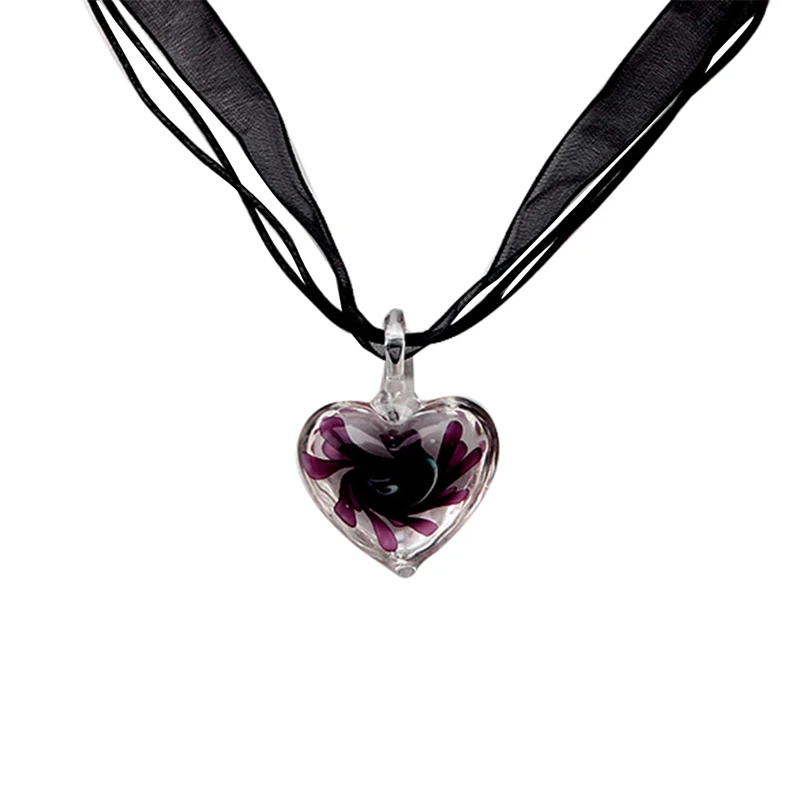 

Murano Glass Pendant Necklace Purple Heart Flowers Ribbon Chain 652B