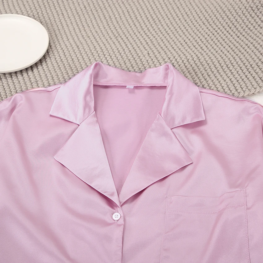 

Solid Loose Female Pajamas Satin Turndown Collar Long Sleeve Pocket 2 Piece Set Pants Homewear Silk Women Sleepwear Suits