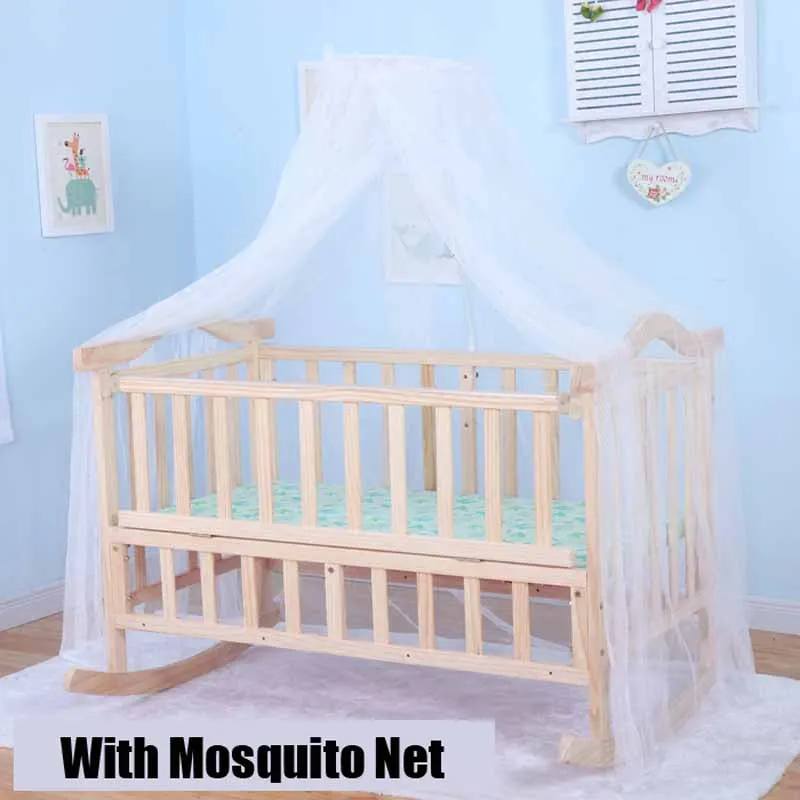 1.2M Auto Rocking Baby Cradle, Swing Pine Cribs, No Paint Safety Natural Color Infant Bed With Mosquito Net