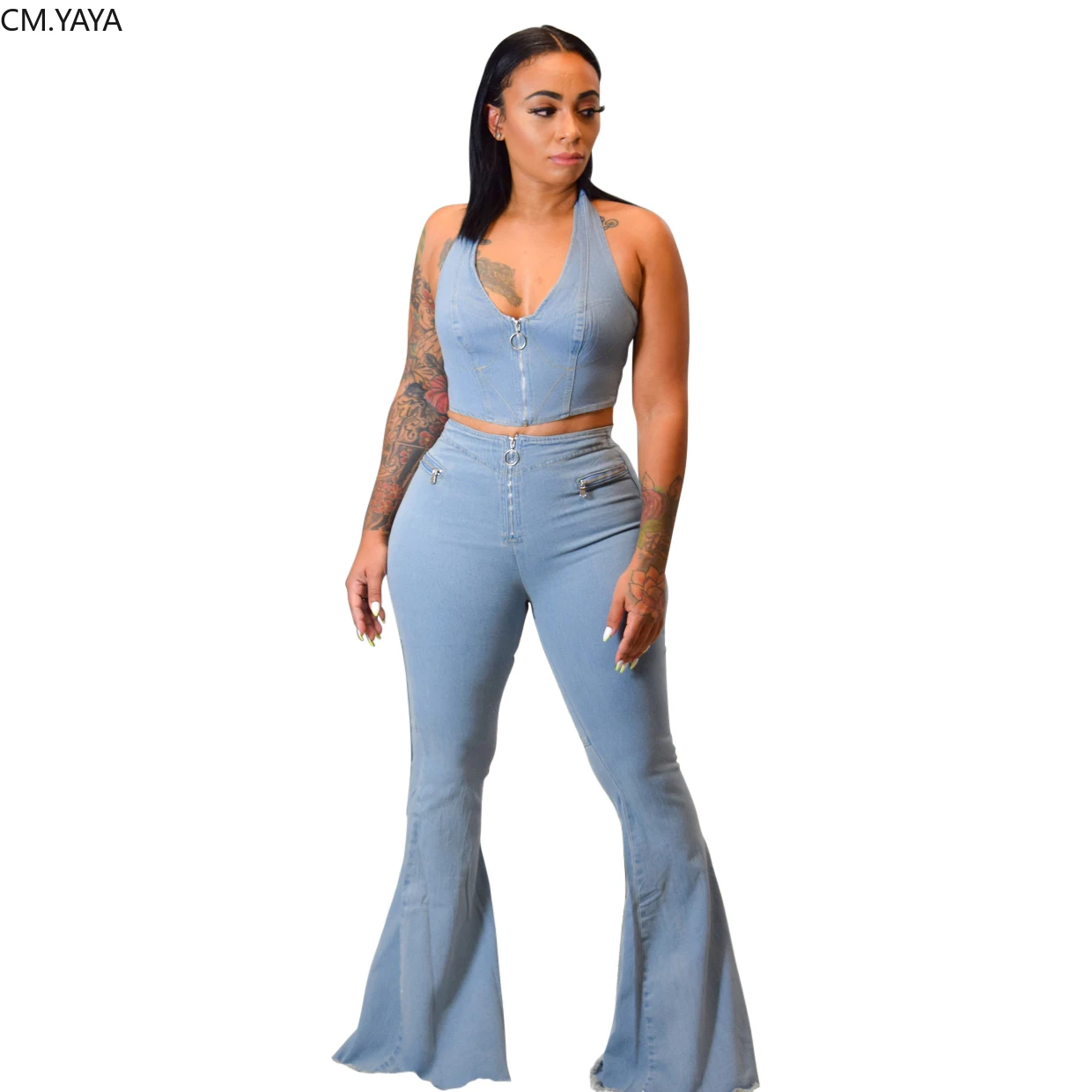 Осенний джинсовый уличная Женская одежда комплект с бретелькой на шее