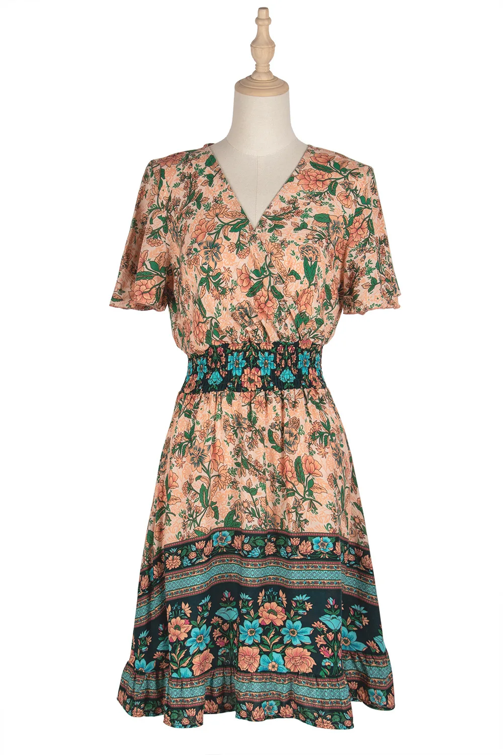 

2021 Women Dress Boho Floral Short Mini Dress Summer Sexy V-Neck Party Holiday Sexy Dress