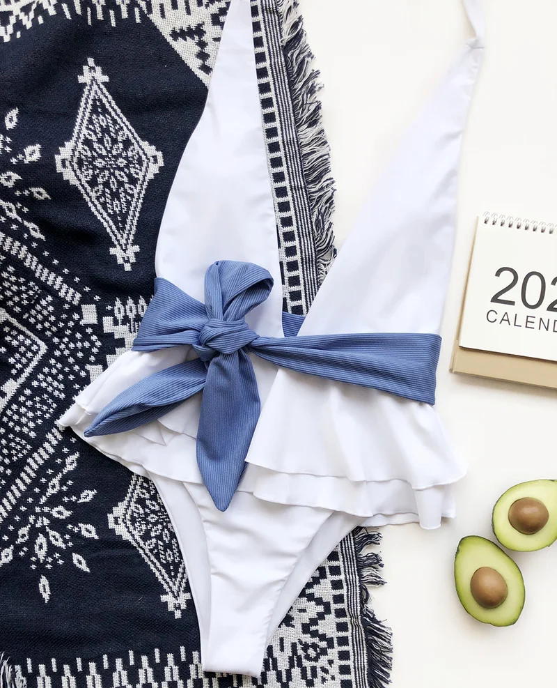 Sexy Halter Ruffled Deep V Monokini One Piece Swimsuit Women Backless Swimwear Female Bather With Bandage Bathing Suit Swim