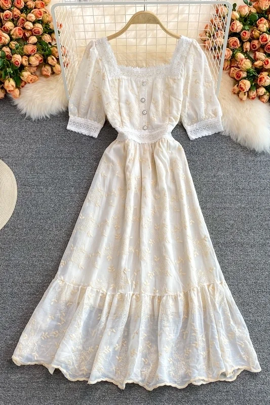 

French court style square collar bubble sleeve lace dress with waist down and thin embroidery Ruffle