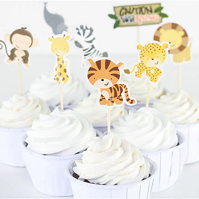 24pcs cake topper Джунгли вечерние для вечеринки в стиле сафари Декор воздушные шары из фольги в виде животного зоопарка животных диких один день рождения декорации детей зеленые шары - Цвет: 24pcs cake topper