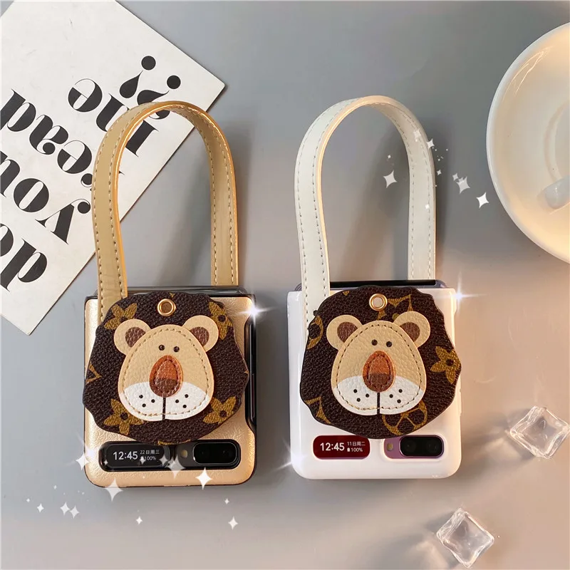 

Корейский Чехол-книжка с изображением Льва для Samsung Zflip, женские флип-чехлы с белым глянцевым кожаным браслетом, чехол-накладка для Galaxy Z