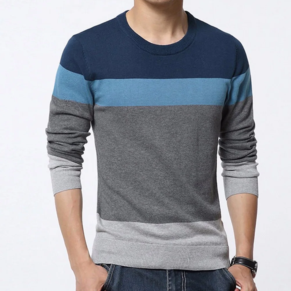 Мужской трикотажный свитер разноцветный пуловер с круглым вырезом и длинными