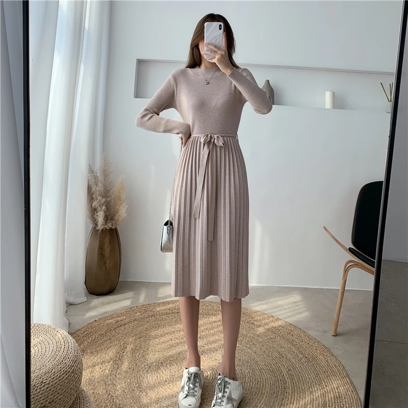 2020 Новое модное зимнее женское платье с длинным рукавом и высокой горловиной