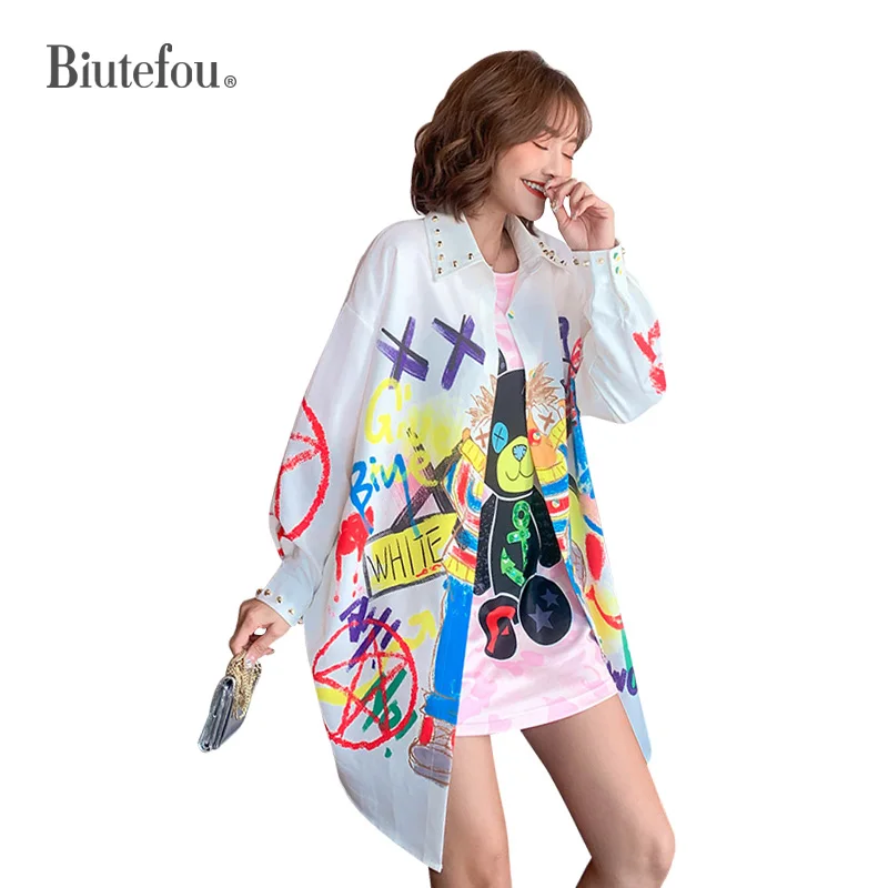 Весна 2020 Длинные рубашки с мультяшным принтом модные женские заклепками Новое