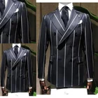 Новейшие черные мужские костюмы смокинги для жениха с лацканами в тонкую полоску приталенная формальная мужская куртка индивидуальный пошив длинный праздвечерние чный костюм верхняя одежда