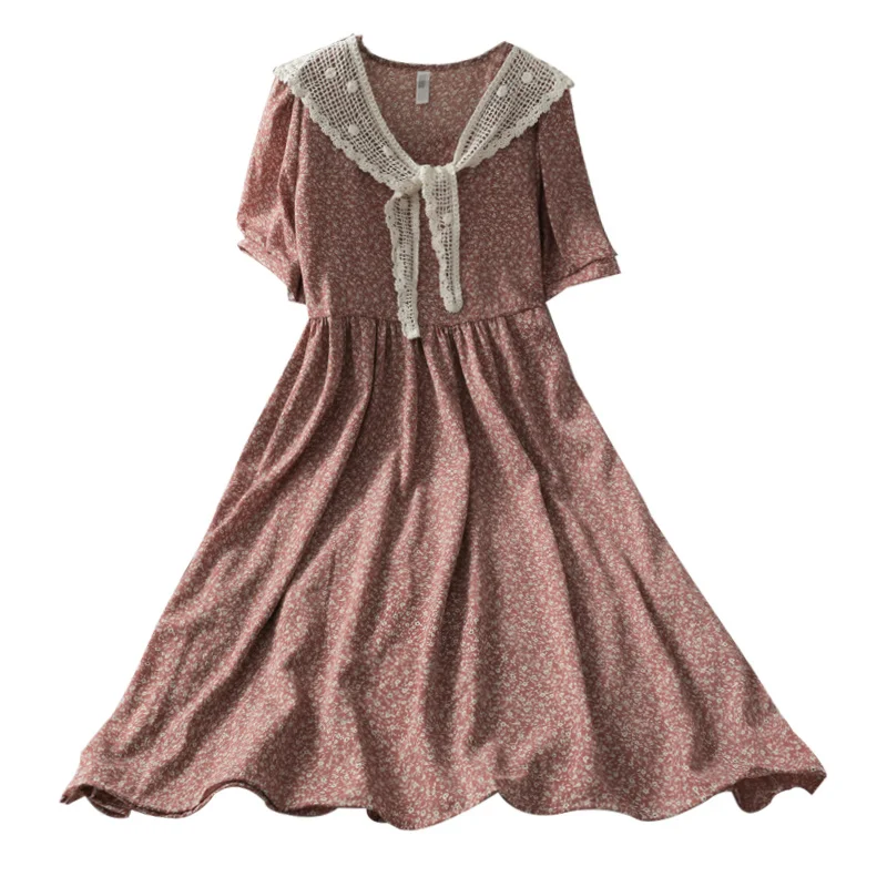 

2021 New Vintage Floral High Waist Slimming Puff Short Sleeve Mid-Length Large Swing Dress + Hollow Shawl