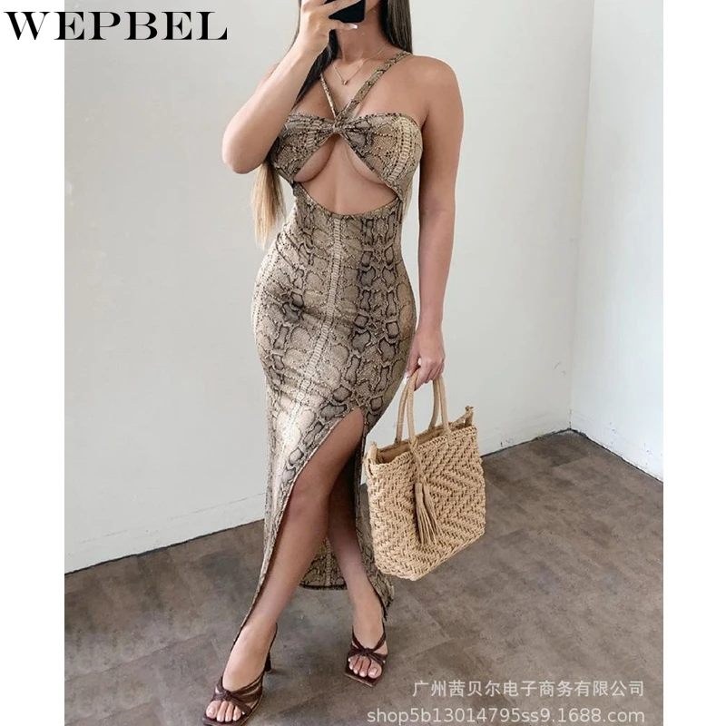 

WEPBEL модное платье с лямкой на шее, женское сексуальное облегающее платье с принтом, летнее платье на бретельках с открытой спиной и разрезом