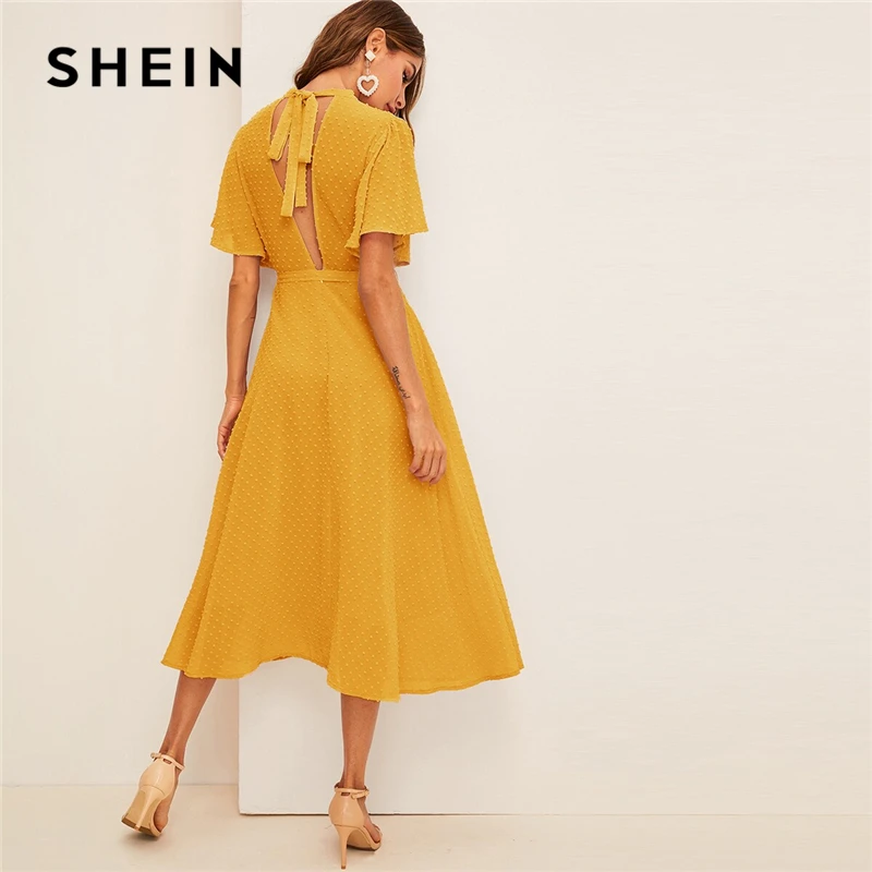 SHEIN платье с рукавами-крылышками в швейцарский горошек с поясом элегантное розовое Пастельное однотонное женское платье со стоячим воротником ТРАПЕЦИЕВИДНОЕ ПЛАТЬЕ С полурукавом