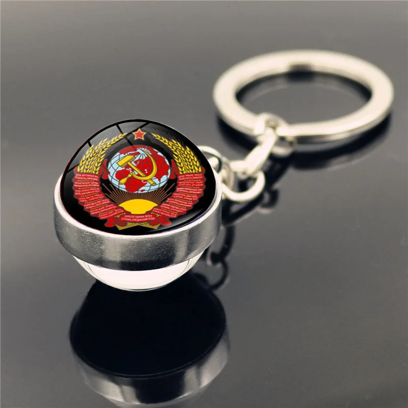

USSR Soviet Badges Sickle Hammer Glass Ball Keychain CCCP Russia Emblem Communism Sign Top Grade Silver Color Key Chain Gift