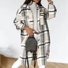 Женская зимняя куртка в клетку, повседневное длинное пальто большого размера с отложным воротником, женское толстое теплое пальто из смешанной шерсти, уличная одежда, 2020