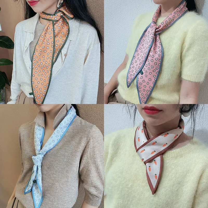 

Small Carrot Color Matching Narrow Version Small Silk Scarf Spring and Summer Decoration Women Scarf Double-sided Pointed Scarf