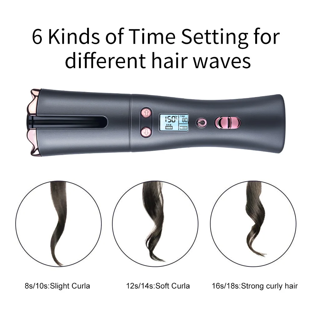 

Automatic Cordless Hair Curler Iron USB Charging with 6 Temp and Timer Settings Hair Waver Tongs Beach Curling Iron Tools