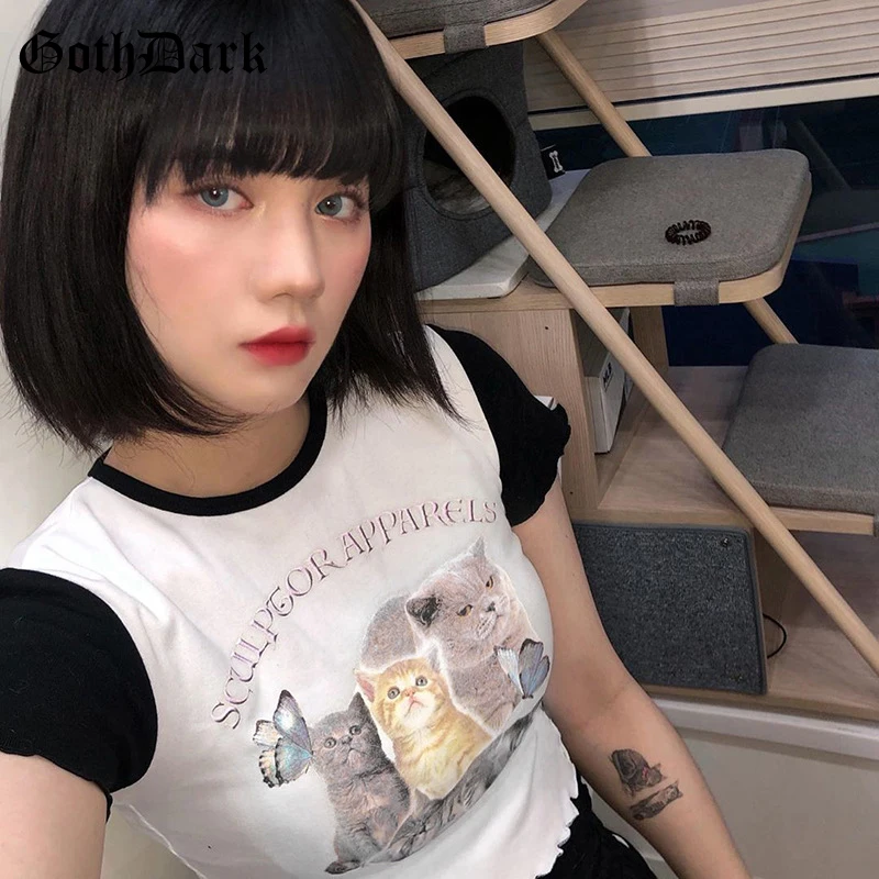 Женская футболка Goth Dark Корейская в стиле Харадзюку милый облегающий кроп топ с