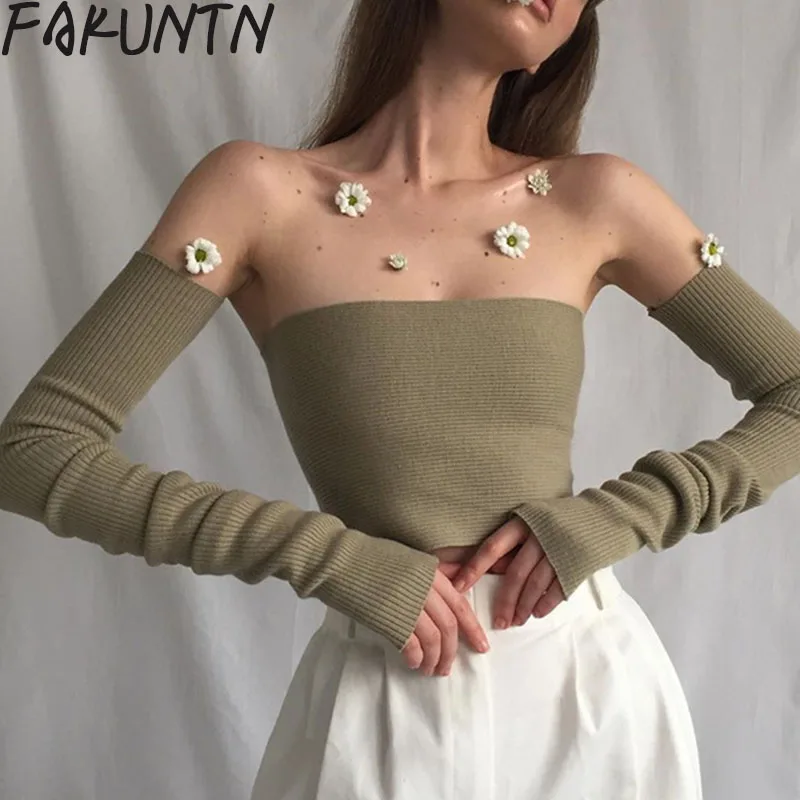 

Green Knitted Crop Top Women Sexy T-shirt 2021 Summer New Streetwear Off Shoulder Tank With Sleeves Backless Cropped Top T shirt