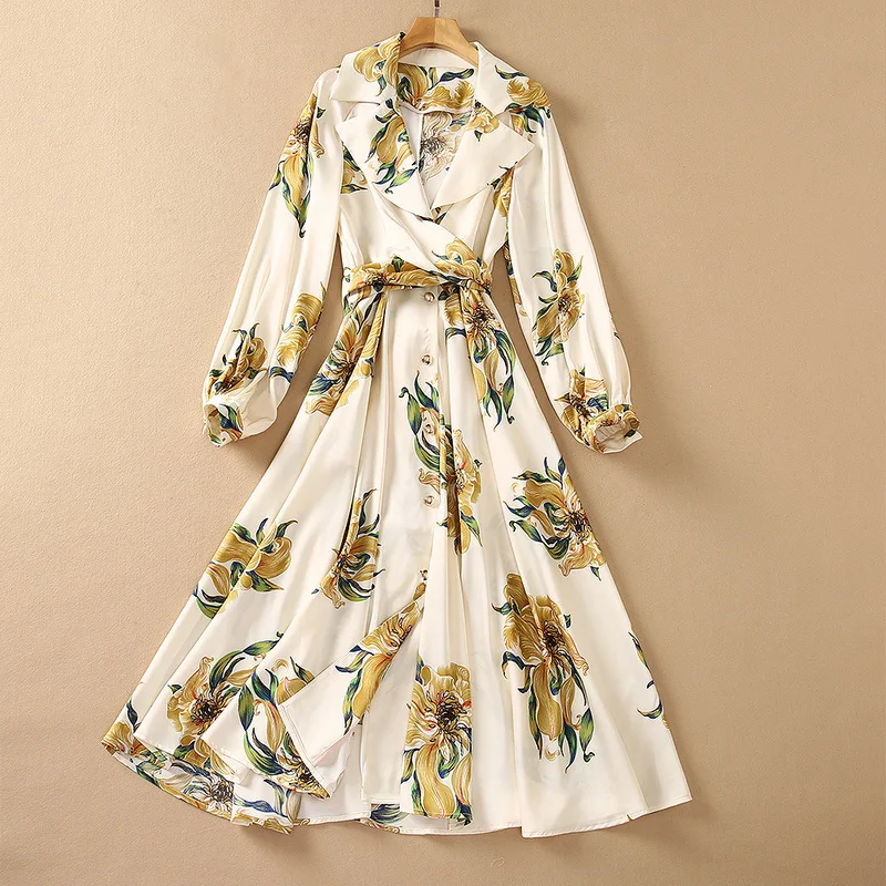 

European and American women's wear for summer 2021 Print with long sleeves on suit collar lace-up Fashion dress