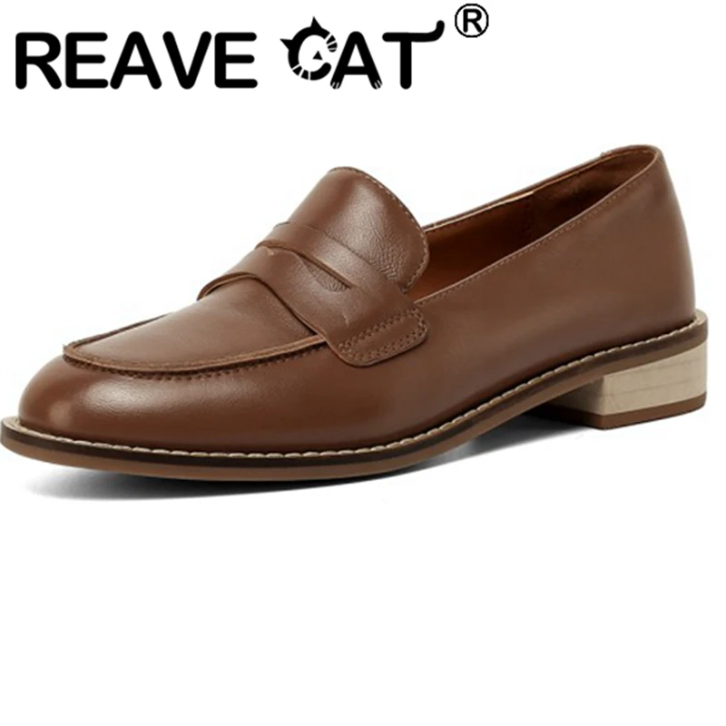 

REAVE CAT 2021 Spring Fashion Leisure Solid Pumps Full Sheepskin Loafer Women Shoes Round Toe Slip-On 3cm Heel Black Brown