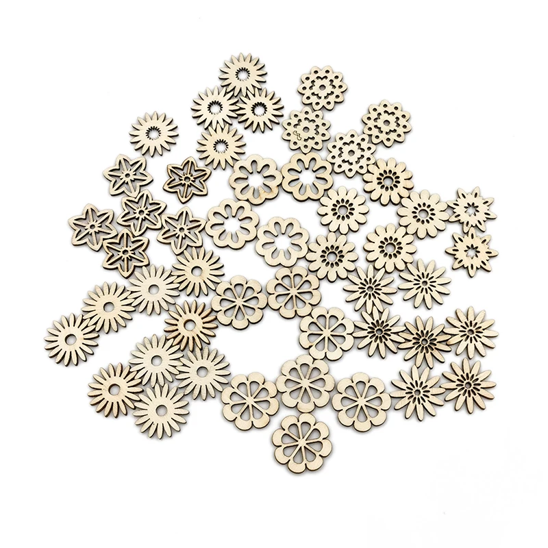 

50pcs Flower Wood Cutouts Ornaments Cutout Wood Slices Crafts for DIY Crafting Ornament Decoration