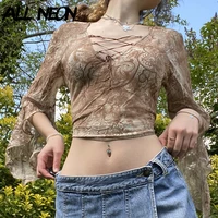 allneon fairy grunge streetwear lace up flare sleeve mesh t shirt goblin vintage printing v neck lettuce trim cropped tops khaki