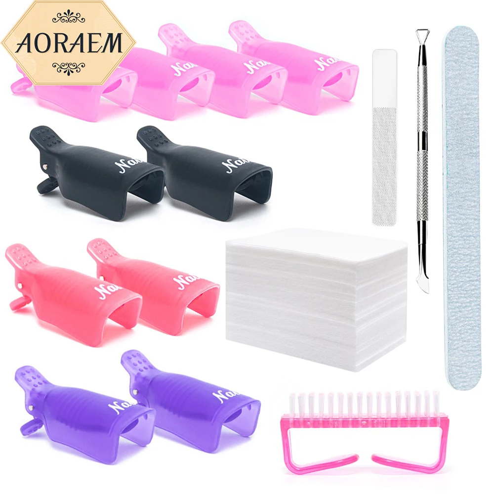 

AORAEM Nail Remover Tools Set Nails Soak Off Cap Clip Wipes Cotton Cuticle Pusher Glass Nail File Brush For Manicure Nails Clean