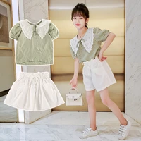 teenager girl clothes summer kids fashion lace plaid tops shorts two piece set children suit girls outfits 4 5 8 9 10 12 years