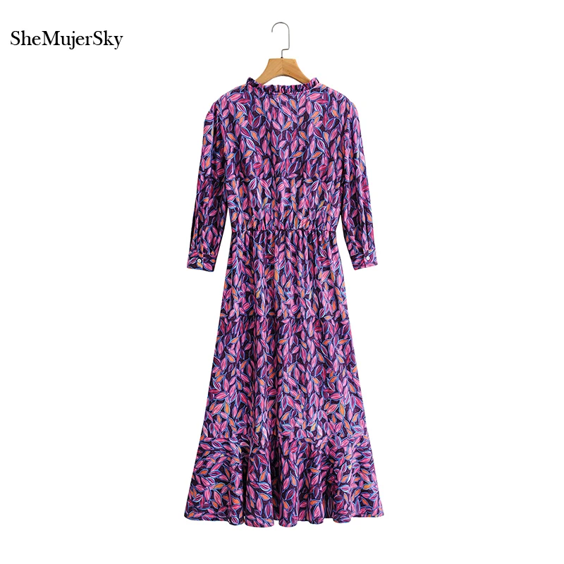 Женское платье с длинным рукавом SheMujerSky фиолетовое ТРАПЕЦИЕВИДНОЕ ПЛАТЬЕ