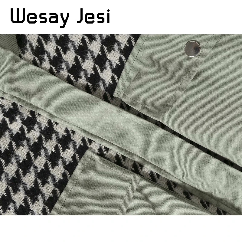 Женская твидовая куртка с большими карманами свободная высоким воротником в