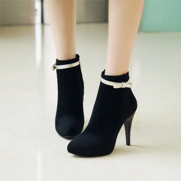 Ботинки с острым носком на тонком каблуке и бантом боковая молния внутренняя