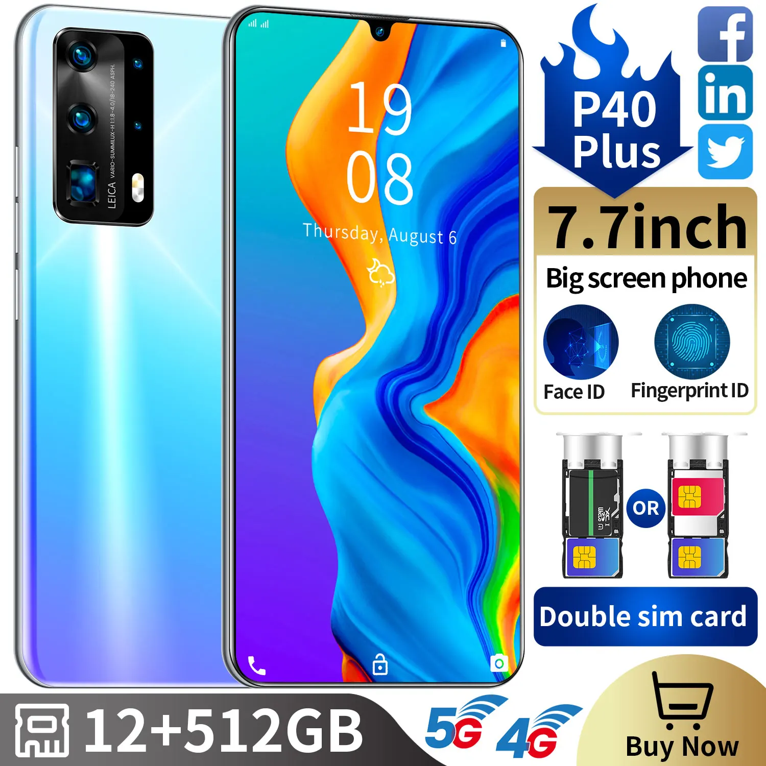 

2021 Hawei P40 Plus 7.7Inch Big Screen 12 512GB Andriod10 SmartPhone Global Version 4G 5G LTE Network 6800mAh Dual SIM Cellphone