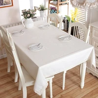 solid white color decorative polyester linen tablecloth with lace thick rectangular wedding dining banquet tea table cloth