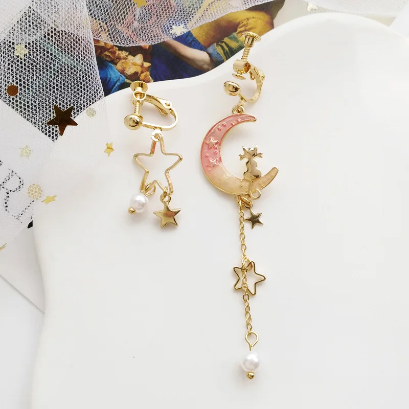 Серьги клипсы женские асимметричные длинные серьги гвоздики с изображением