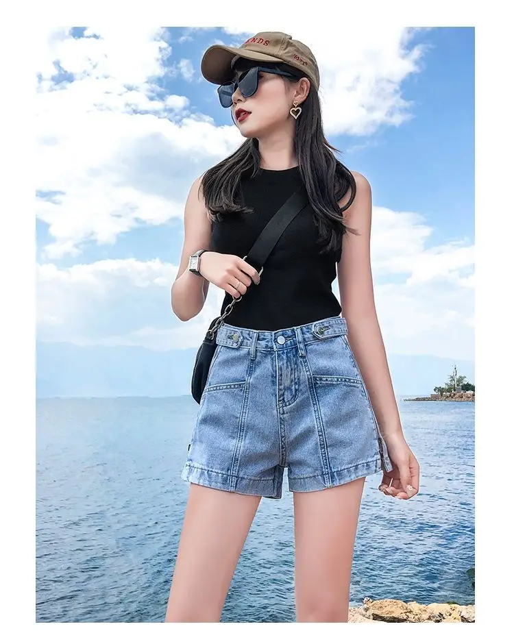 

Easygarment Summer Women High Waist Button Wide Leg Loose Fit Hot Casual Jean Shorts