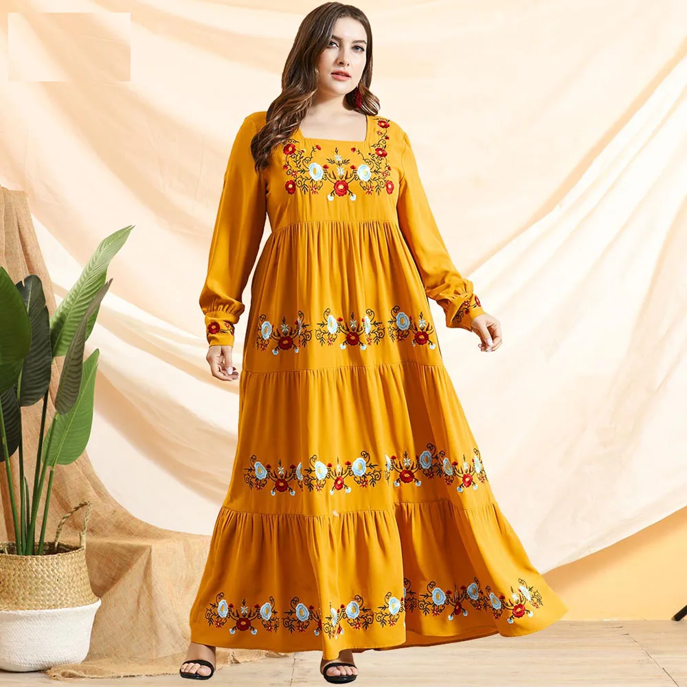

Bohemian Abaya Embroidery Muslim Women Ruffles Long Maxi Dress Loose Casual Party Gown Robe Kaftan Islamic Clothing Plus Size
