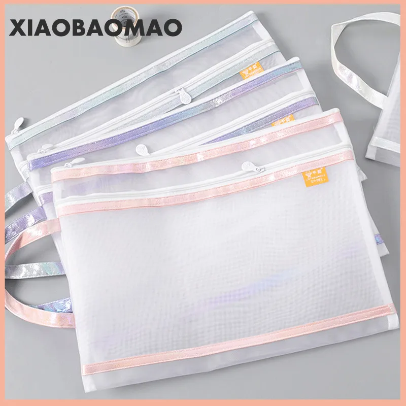 2pcs New Practical sturdy handle Transparent Simple Mesh Zipper Stationery File Bag Pencil Case Makeup School Office Supply Stor