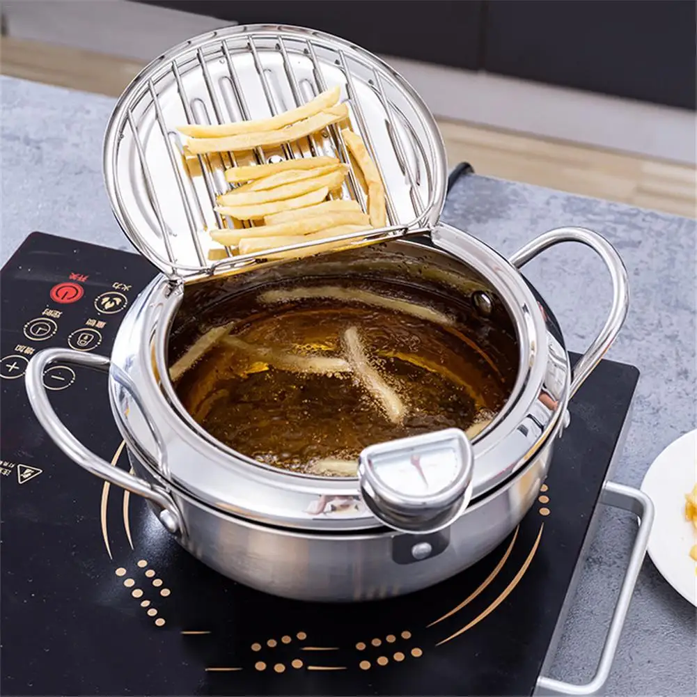 2 Sizes Japanese Deep Fryer Pot With Thermometer And Lid Household Stainless Steel Tempura Pan For Kitchen Cooking 20/24cm | Дом и сад